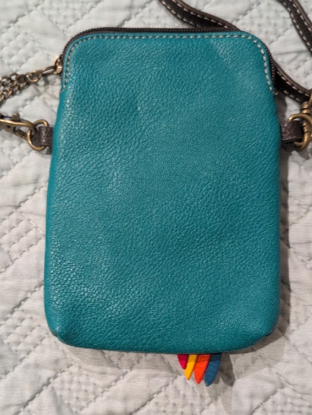 Chala Teal Leather Crossbody Pouch with Multicolor Parrot Applique - Picture 3 of 3